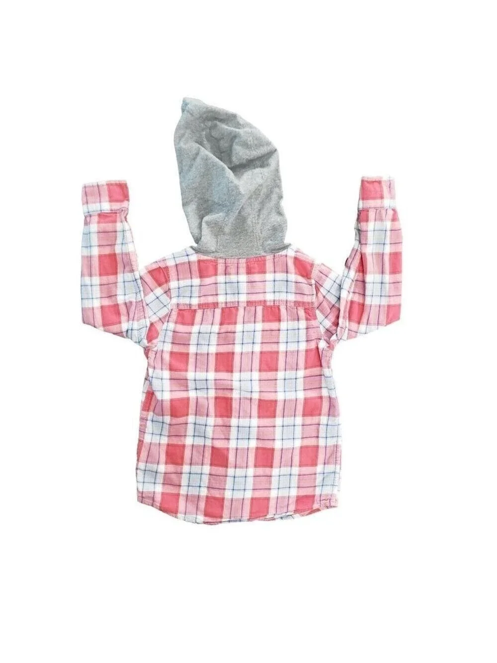OshKosh Boys Size 7 Plaid Hooded Shirt Red Blue Button Down